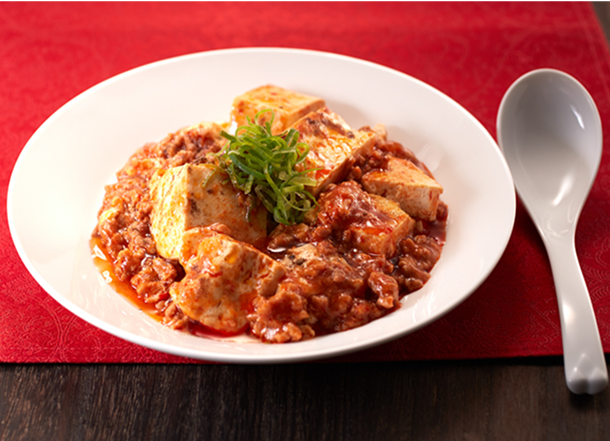 Sichuan-style bean curd and ground pork with a spicy taste